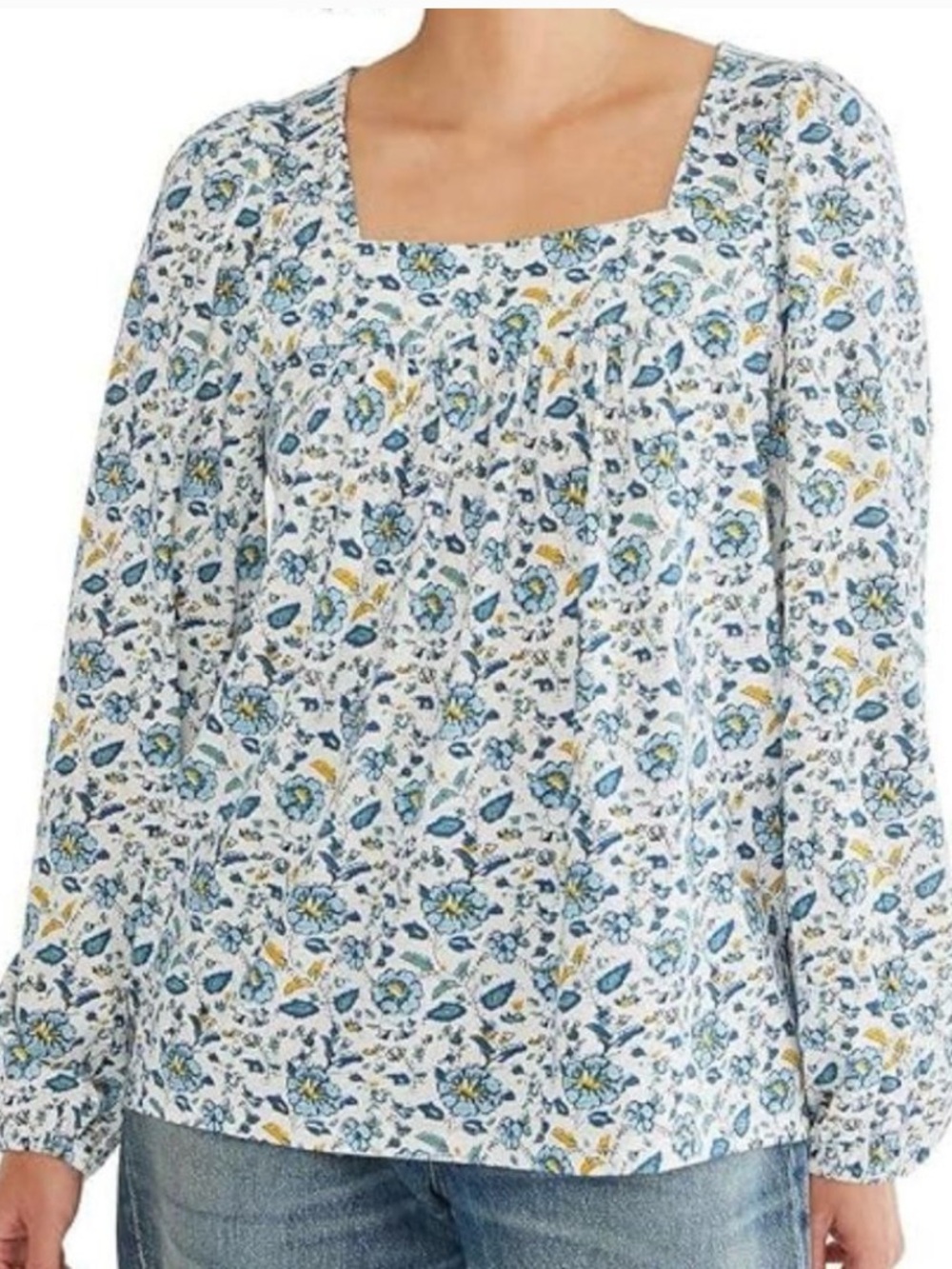 Lucky Brand | Women’s White/Blue/Yellow Floral Square Neck Long Sleeve Tunic Top